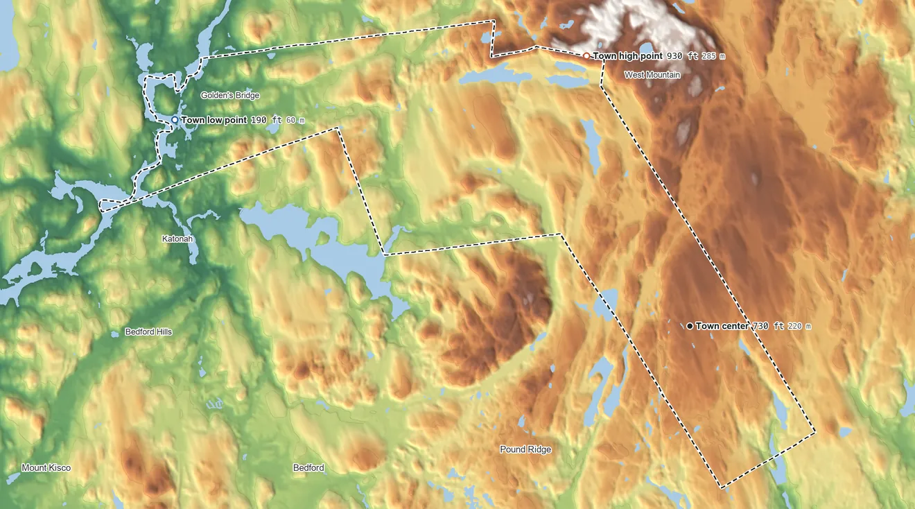 Topographic elevation map of Lewisboro, New York, shaded from 190 ft on the west side to 930 ft on the north edge, below higher ground just outside