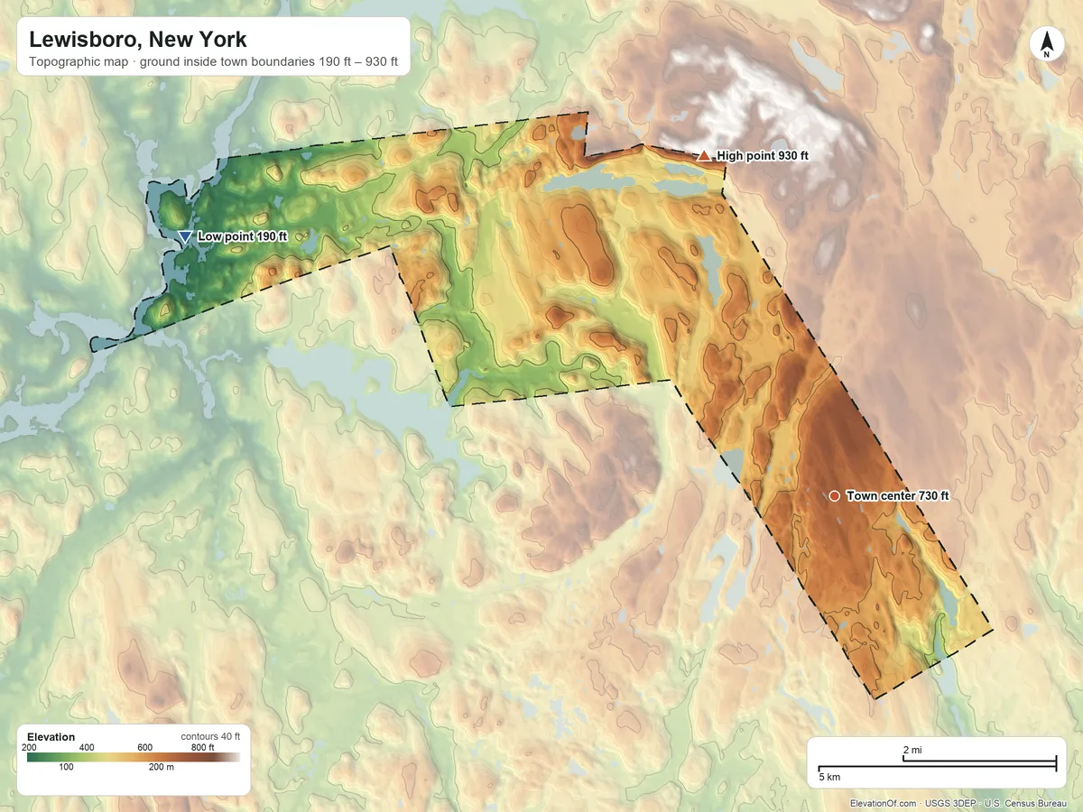 Topographic elevation map of Lewisboro, New York, shaded from 190 ft on the west side to 930 ft on the north edge, below higher ground just outside