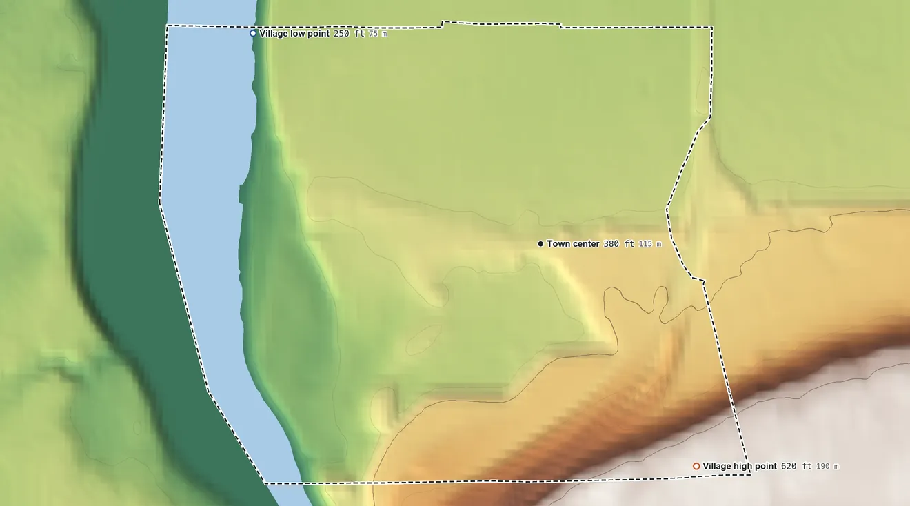 Topographic elevation map of Village of Lewiston, New York, shaded from 250 ft on the northwest side to 620 ft on the southeast side