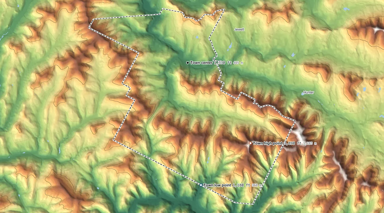 Topographic elevation map of Lexington, New York, shaded from 1,180 ft on the south side to 3,890 ft on West Kill Mountain