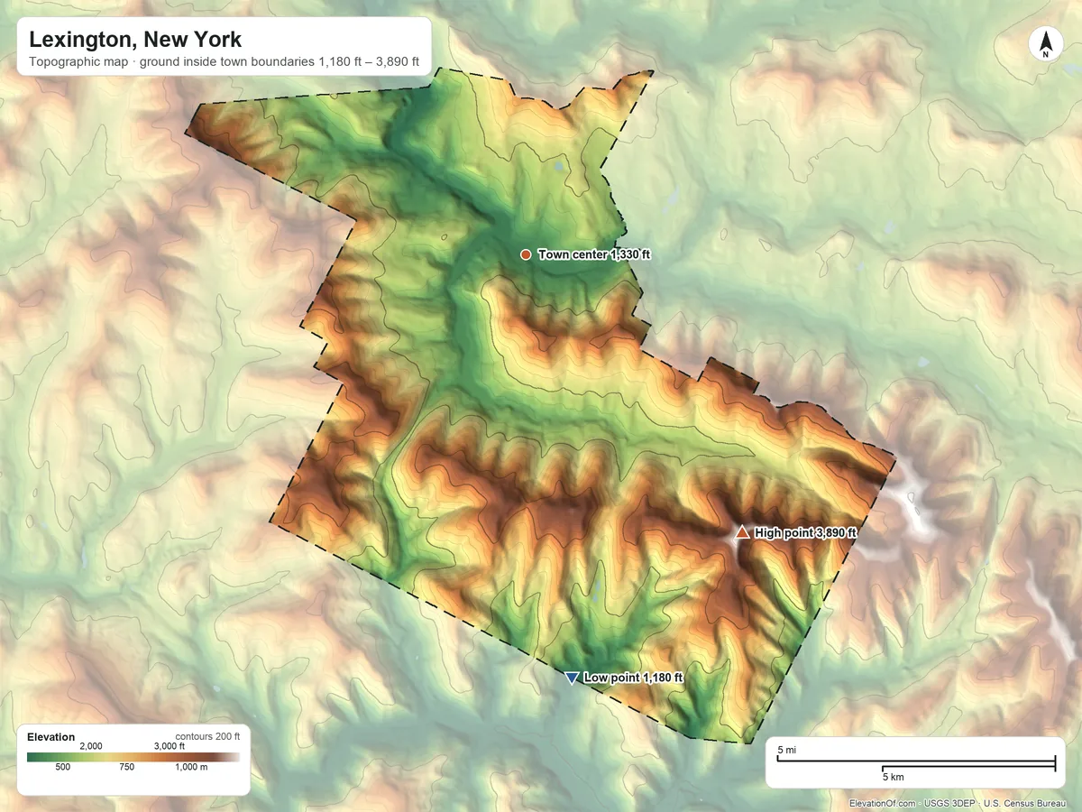 Topographic elevation map of Lexington, New York, shaded from 1,180 ft on the south side to 3,890 ft on West Kill Mountain