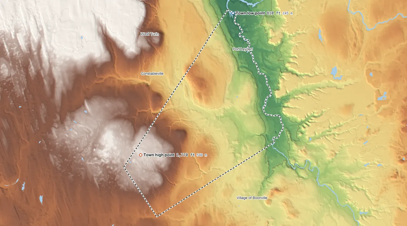 Topographic elevation map of Leyden, New York, shaded from 810 ft on the north side to 1,770 ft on the southwest side
