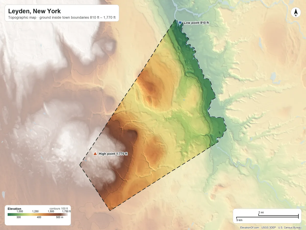 Topographic elevation map of Leyden, New York, shaded from 810 ft on the north side to 1,770 ft on the southwest side