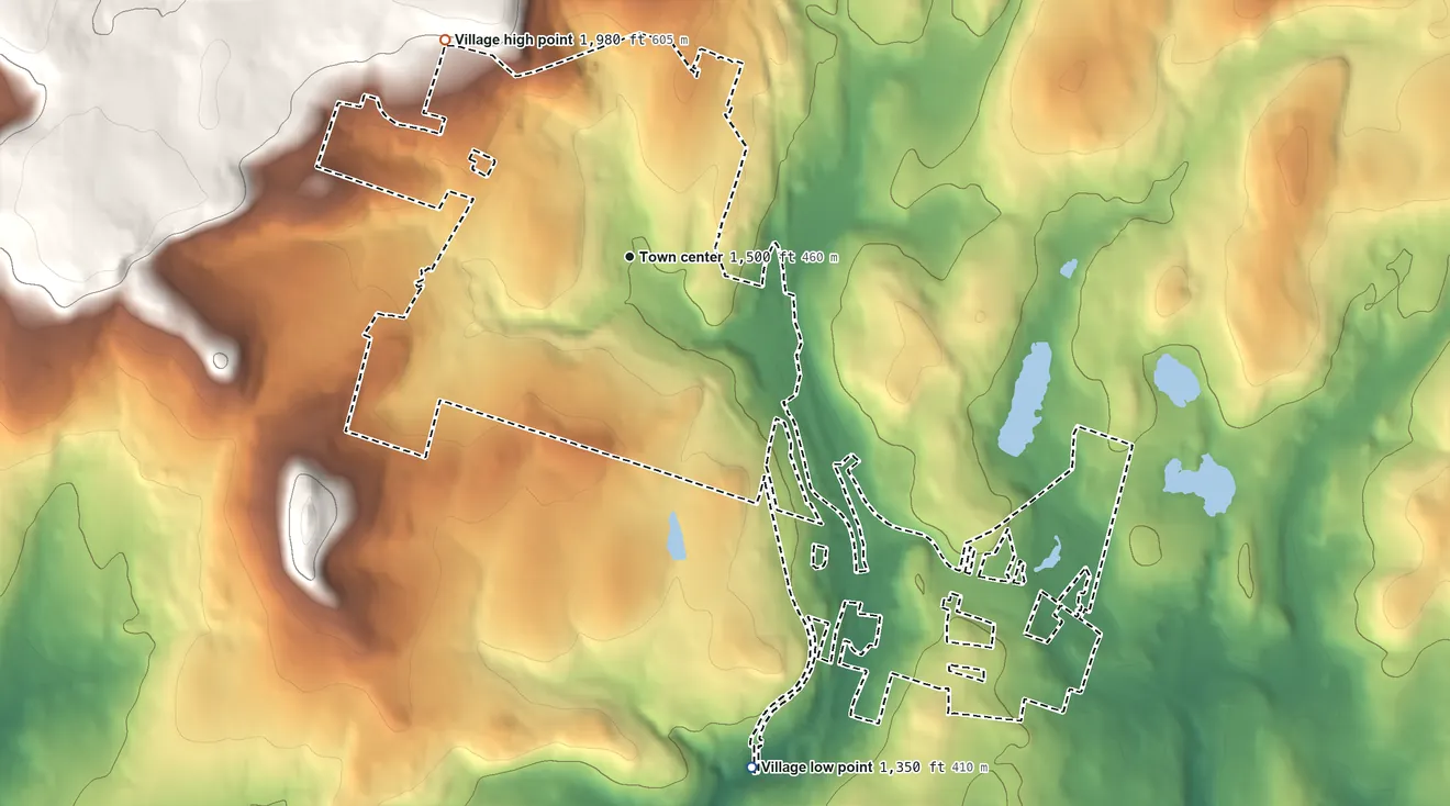 Topographic elevation map of Village of Liberty, New York, shaded from 1,350 ft on the south side to 1,980 ft on the northwest side