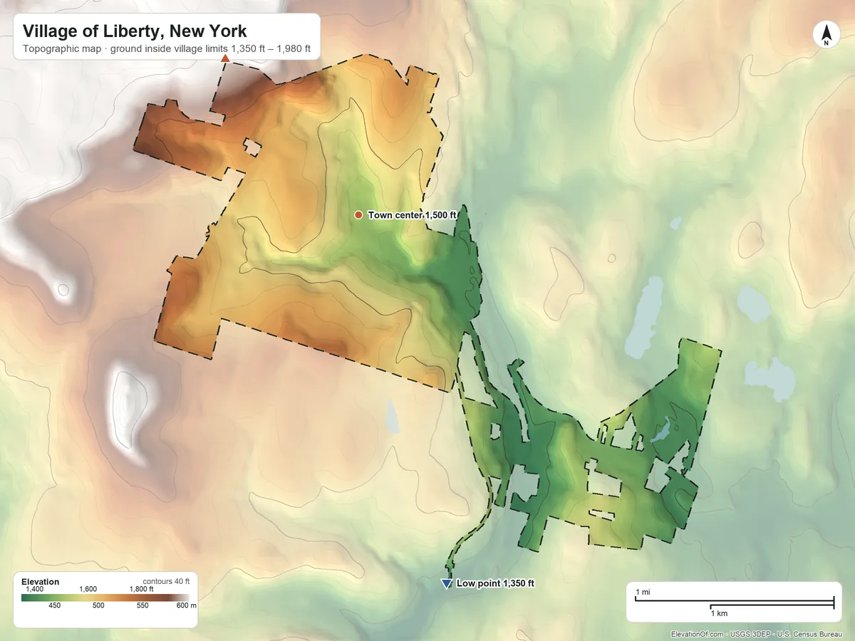 Topographic elevation map of Village of Liberty, New York, shaded from 1,350 ft on the south side to 1,980 ft on the northwest side