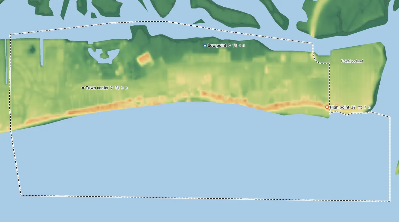 Topographic elevation map of Lido Beach, New York, shaded from sea level level on the Atlantic Ocean to 22 ft on the east side