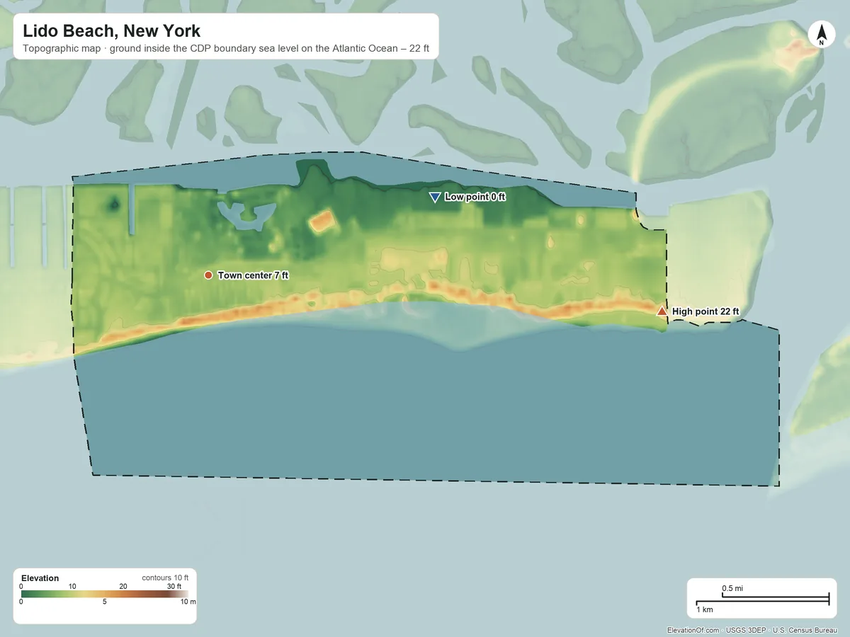 Topographic elevation map of Lido Beach, New York, shaded from sea level level on the Atlantic Ocean to 22 ft on the east side