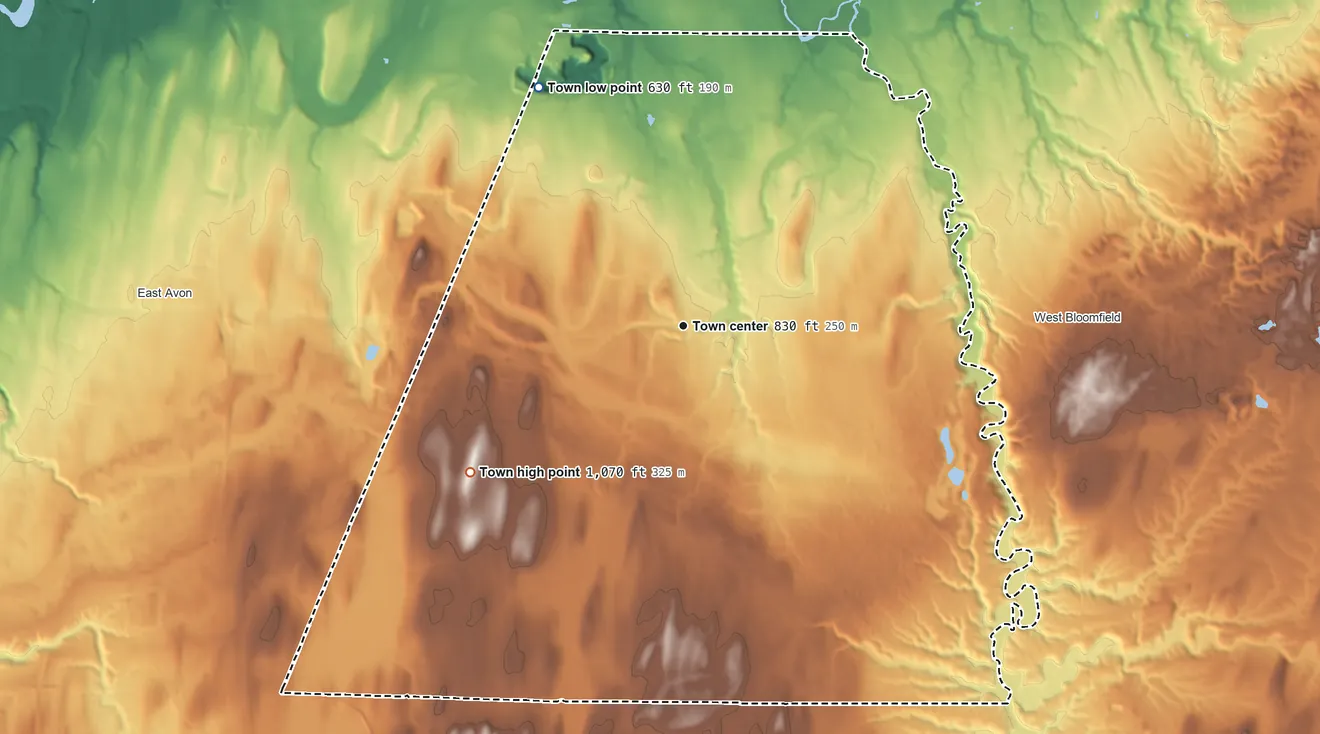 Topographic elevation map of Lima, New York, shaded from 630 ft on the northwest side to 1,070 ft on the southwest side