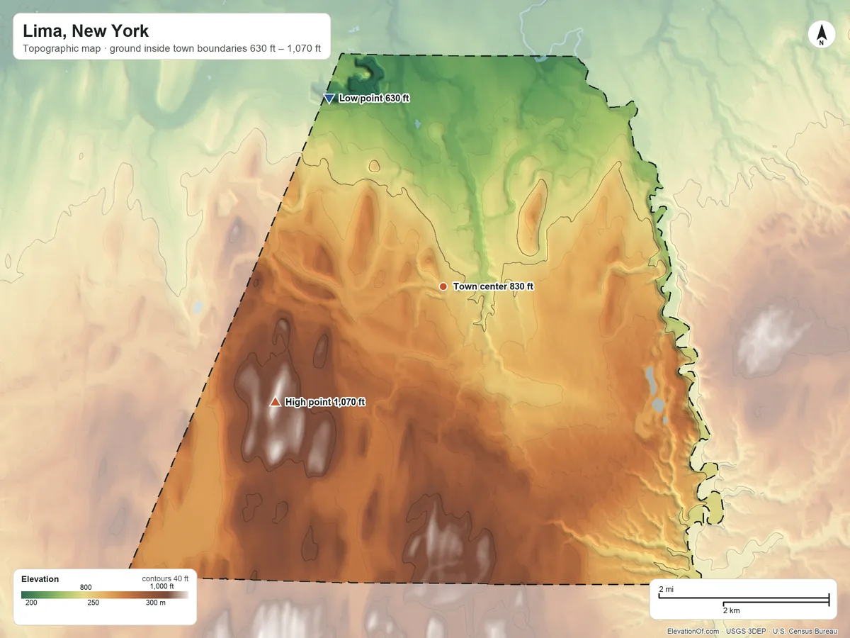 Topographic elevation map of Lima, New York, shaded from 630 ft on the northwest side to 1,070 ft on the southwest side