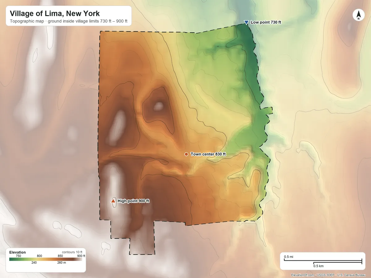 Topographic elevation map of Village of Lima, New York, shaded from 730 ft on the northeast side to 900 ft on the southwest side