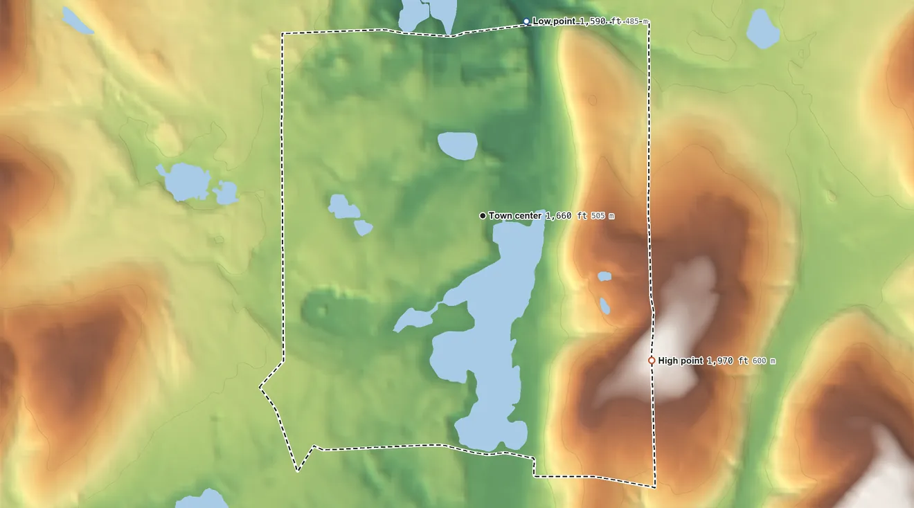 Topographic elevation map of Lime Lake, New York, shaded from 1,590 ft on the north side to 1,970 ft on the southeast side