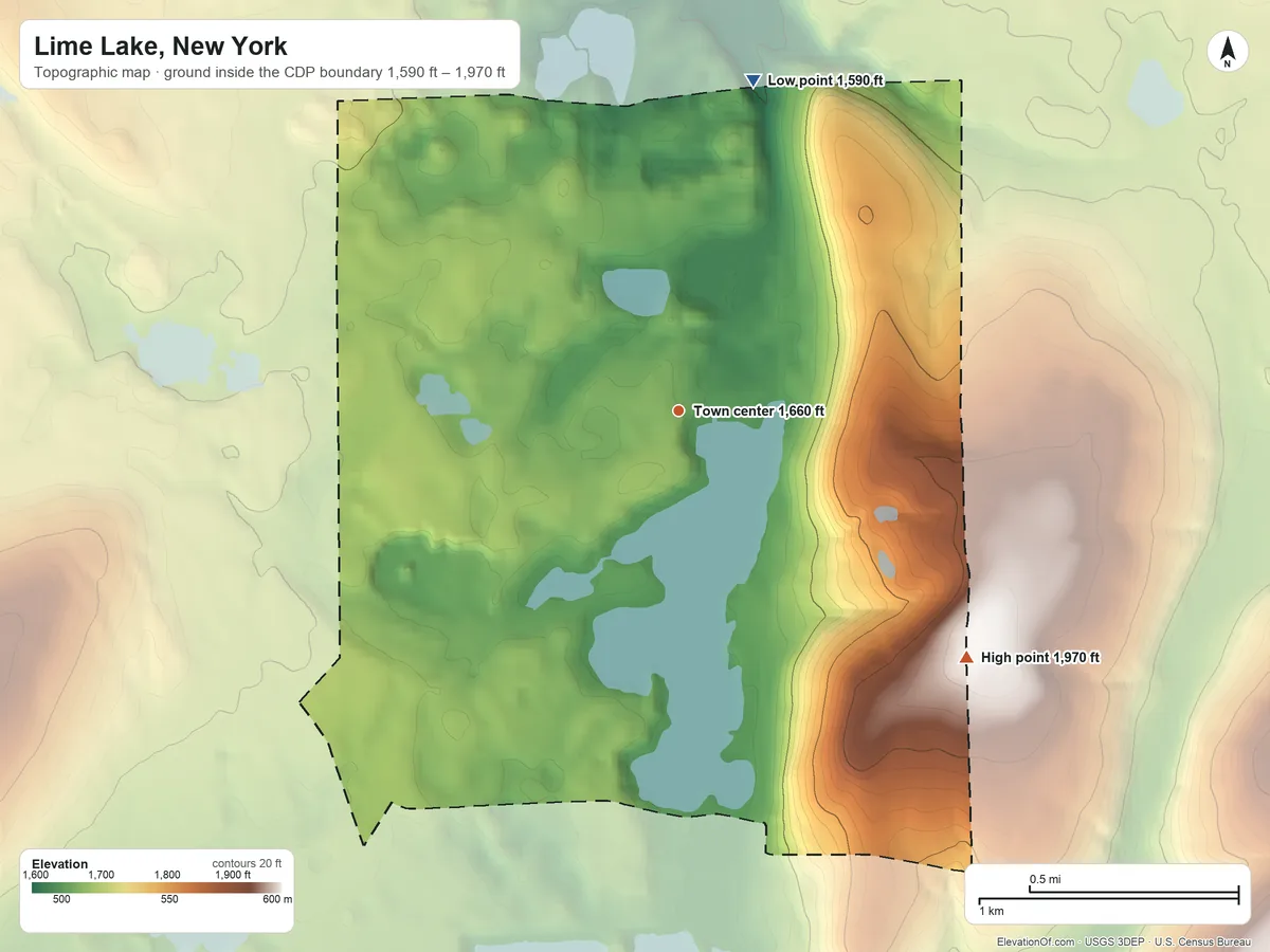 Topographic elevation map of Lime Lake, New York, shaded from 1,590 ft on the north side to 1,970 ft on the southeast side