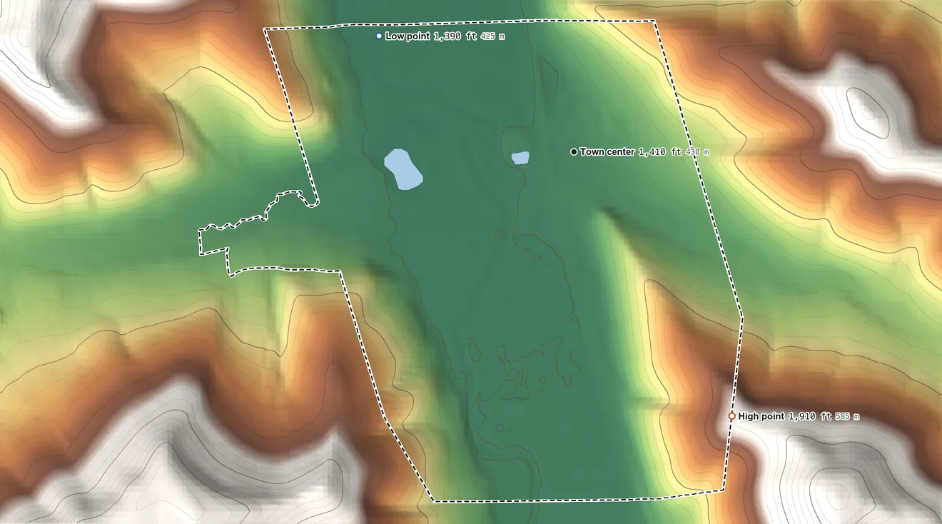 Topographic elevation map of Limestone, New York, shaded from 1,390 ft on the northwest side to 1,910 ft on the southeast edge, below higher ground just outside