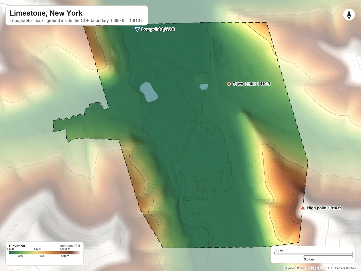Topographic elevation map of Limestone, New York, shaded from 1,390 ft on the northwest side to 1,910 ft on the southeast edge, below higher ground just outside