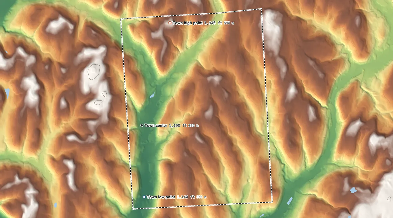 Topographic elevation map of Lincklaen, New York, shaded from 1,140 ft on the south side to 1,940 ft on the north side