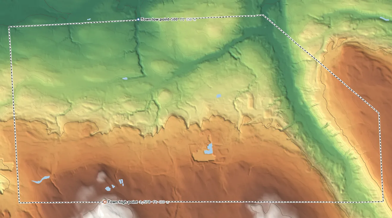 Topographic elevation map of Lincoln, New York, shaded from 500 ft on the northwest side to 1,570 ft on the southwest side