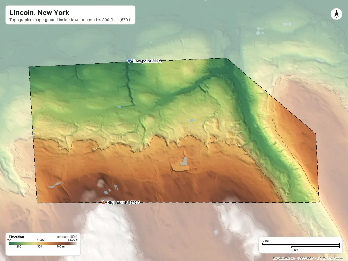 Topographic elevation map of Lincoln, New York, shaded from 500 ft on the northwest side to 1,570 ft on the southwest side