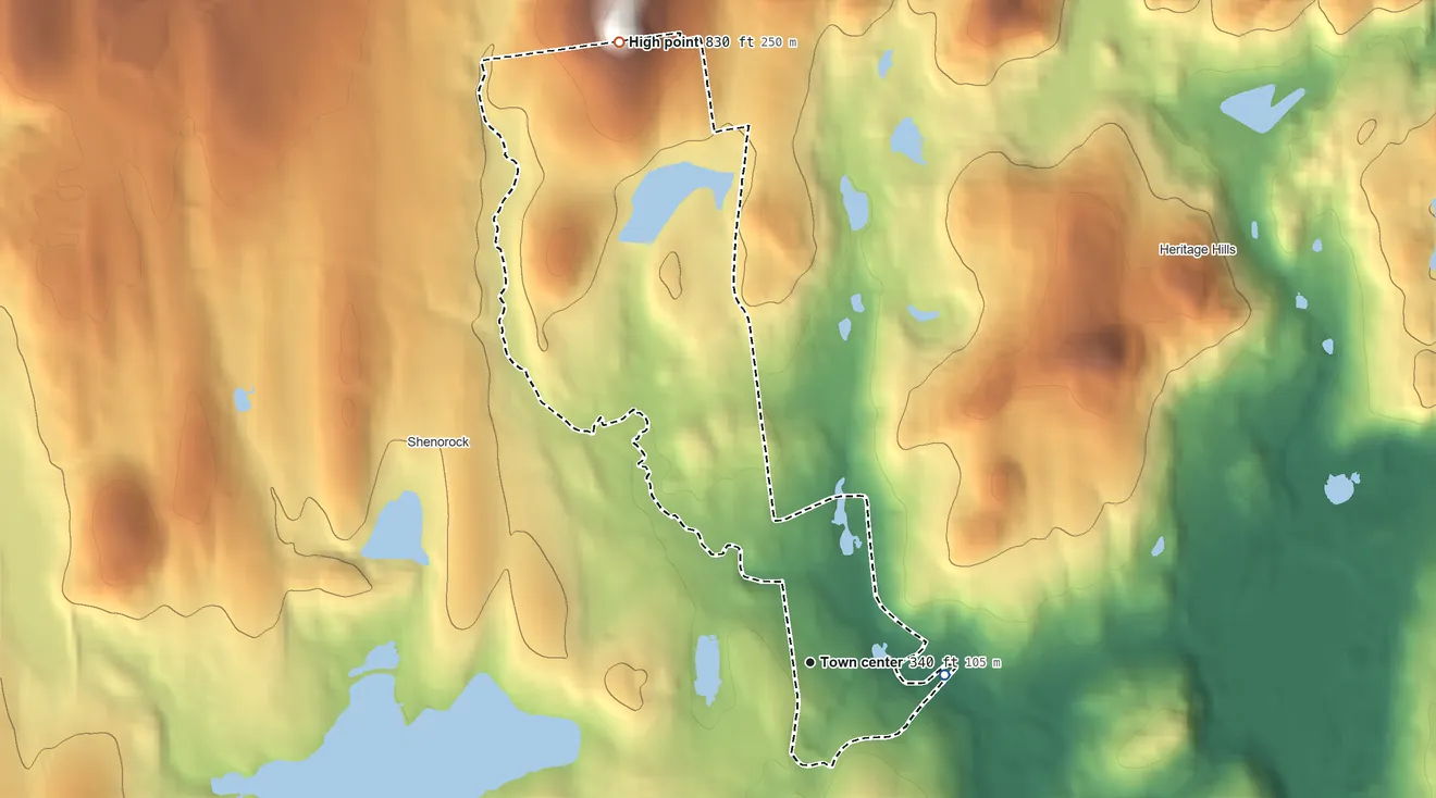 Topographic elevation map of Lincolndale, New York, shaded from 270 ft on the east side to 830 ft on the north side