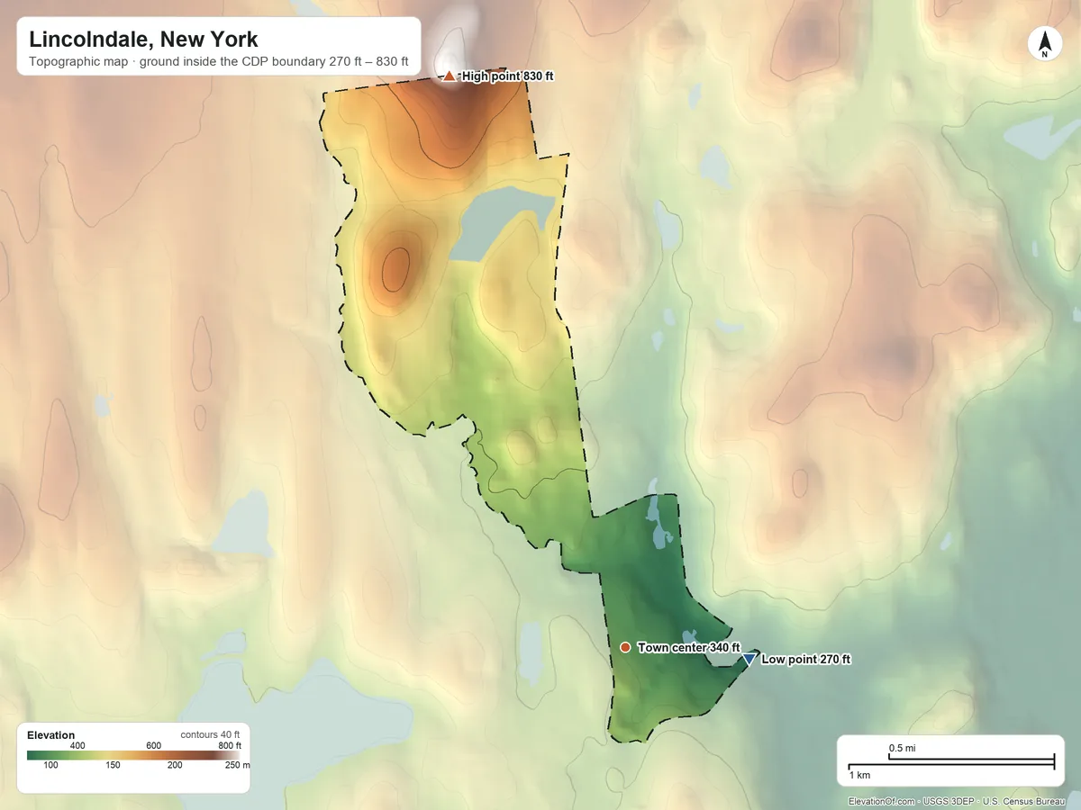 Topographic elevation map of Lincolndale, New York, shaded from 270 ft on the east side to 830 ft on the north side