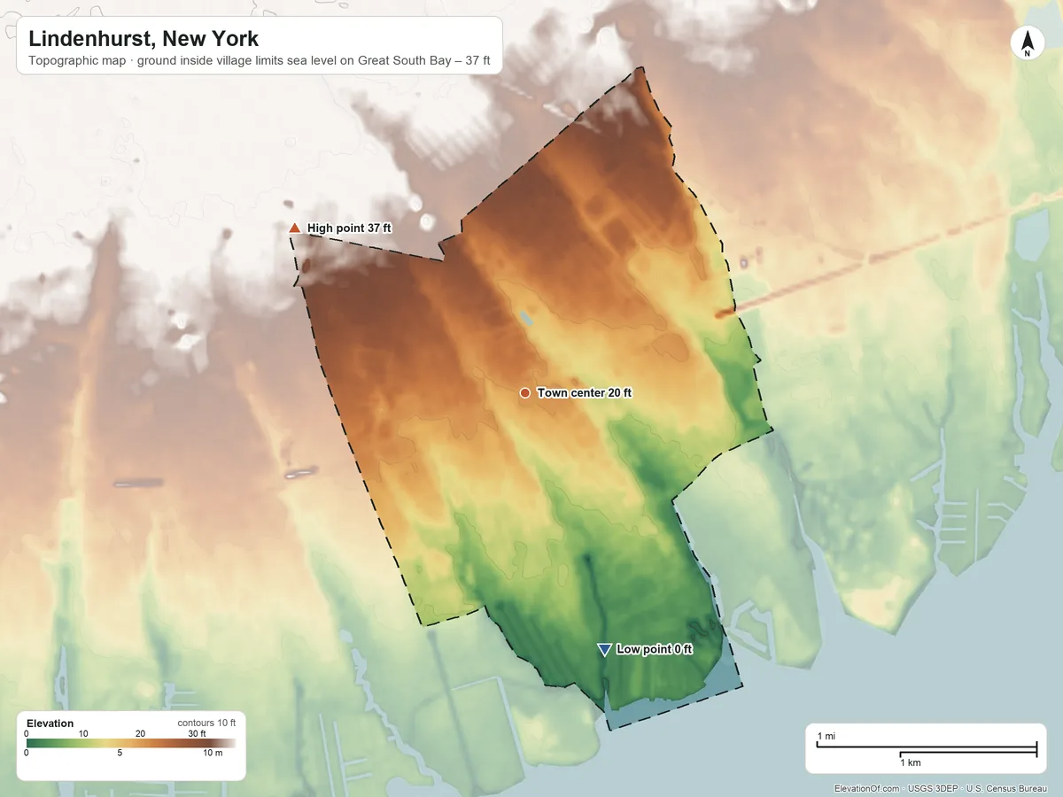 Topographic elevation map of Lindenhurst, New York, shaded from sea level level on Great South Bay to 37 ft on the northwest side
