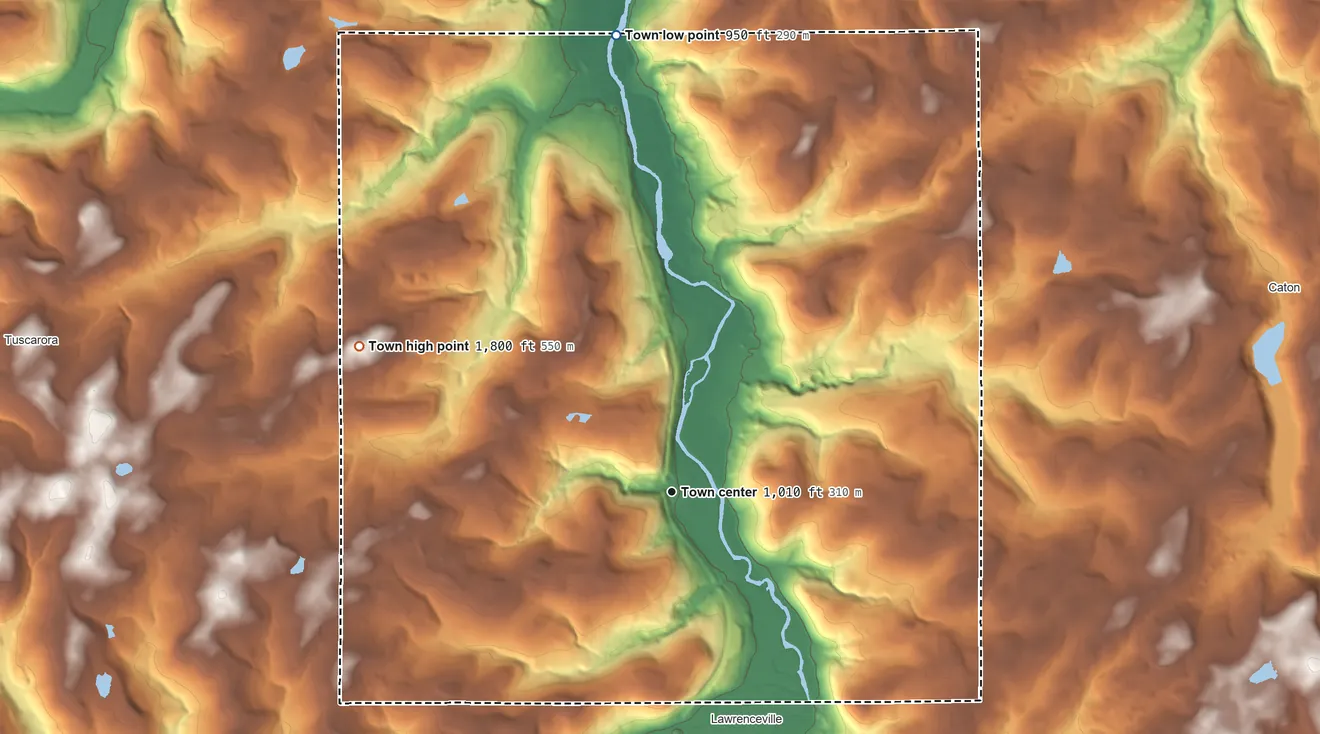 Topographic elevation map of Lindley, New York, shaded from 950 ft on the north side to 1,800 ft on the northwest side