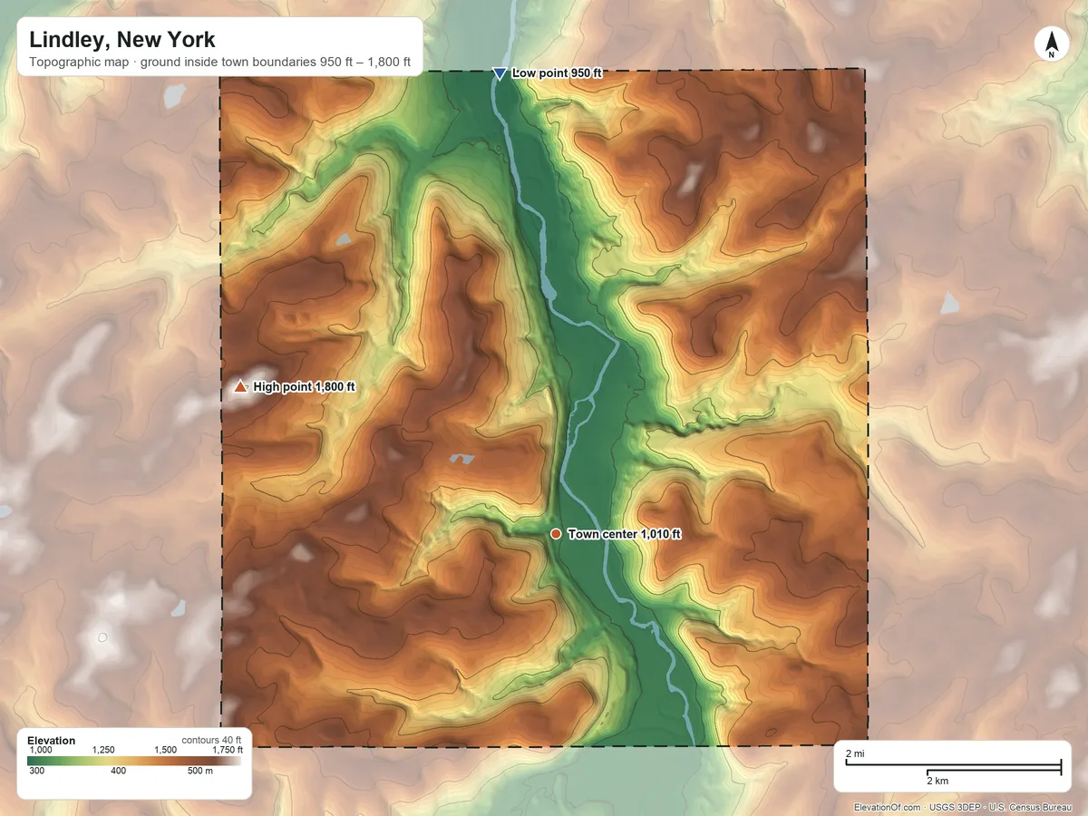 Topographic elevation map of Lindley, New York, shaded from 950 ft on the north side to 1,800 ft on the northwest side