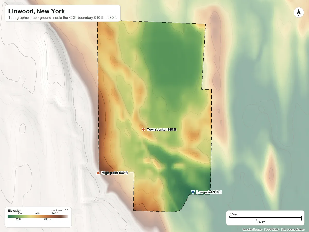 Topographic elevation map of Linwood, New York, shaded from 910 ft on the southeast side to 980 ft on the southwest side