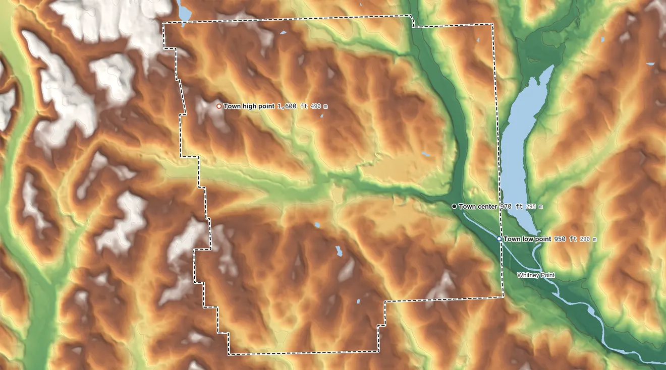 Topographic elevation map of Lisle, New York, shaded from 950 ft on the southeast side to 1,600 ft on the northwest side