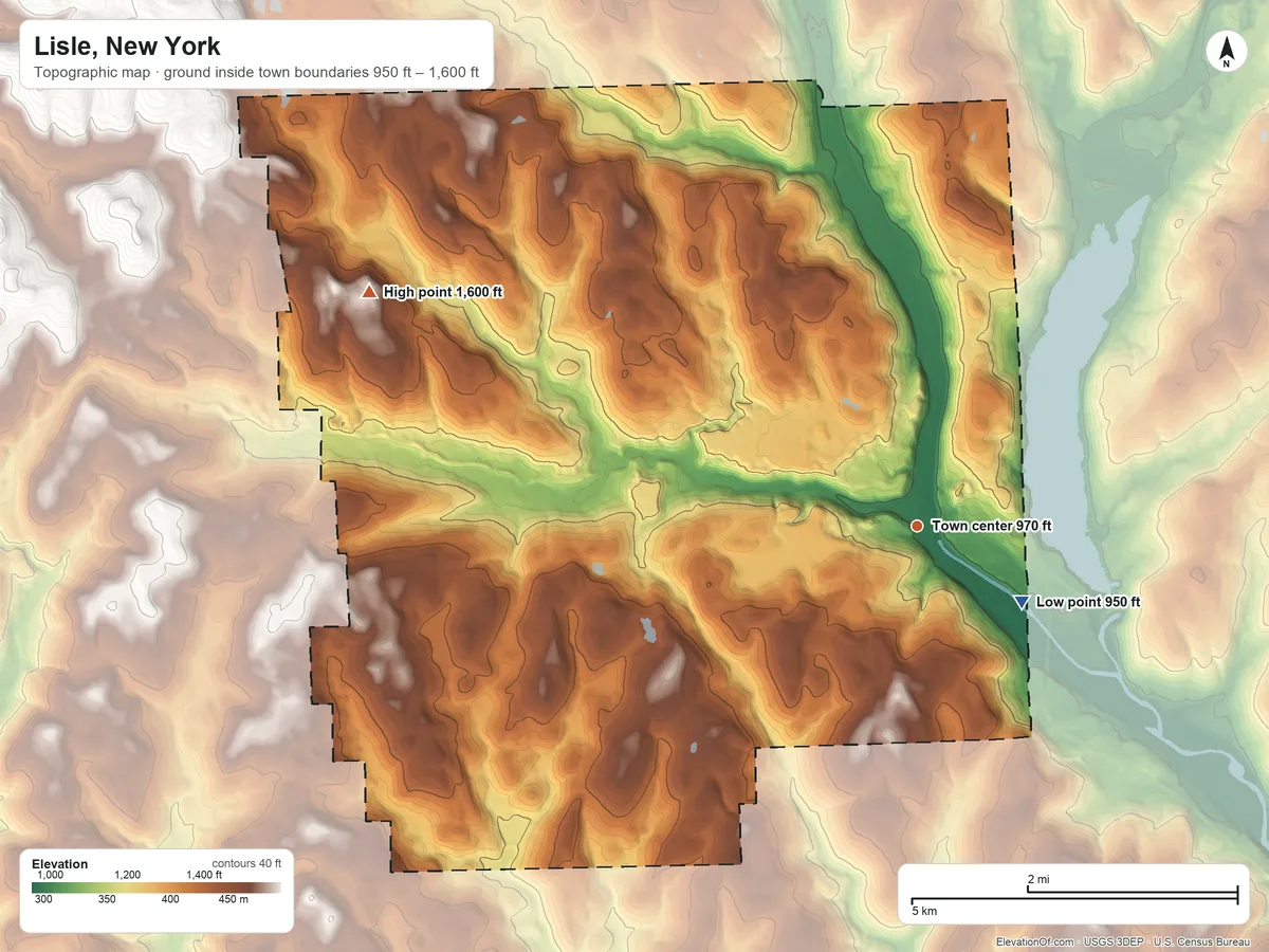 Topographic elevation map of Lisle, New York, shaded from 950 ft on the southeast side to 1,600 ft on the northwest side