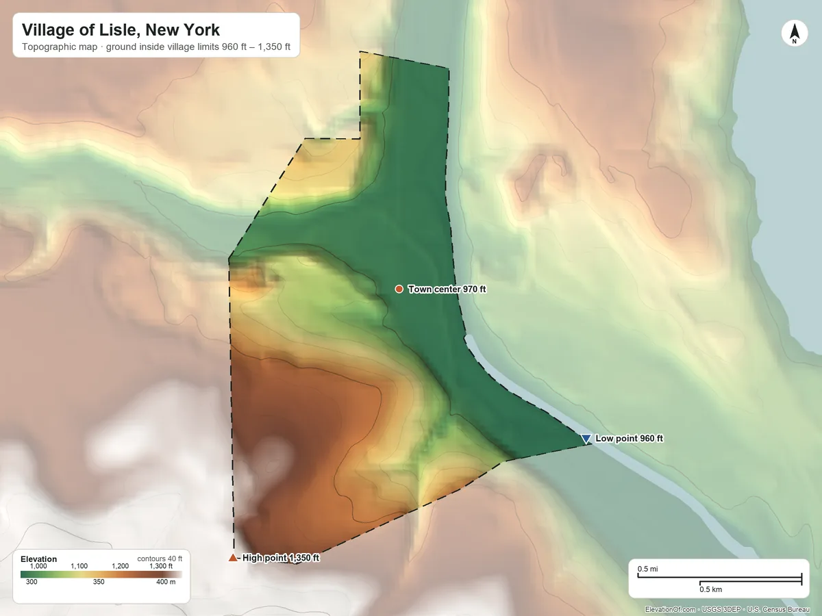 Topographic elevation map of Village of Lisle, New York, shaded from 960 ft on the southeast side to 1,350 ft on the southwest side