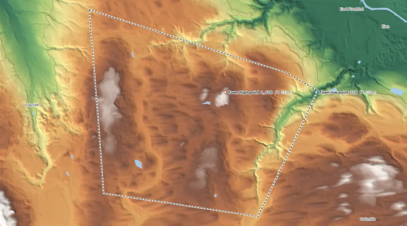Topographic elevation map of Litchfield, New York, shaded from 710 ft on the east side to 1,680 ft on the northeast side