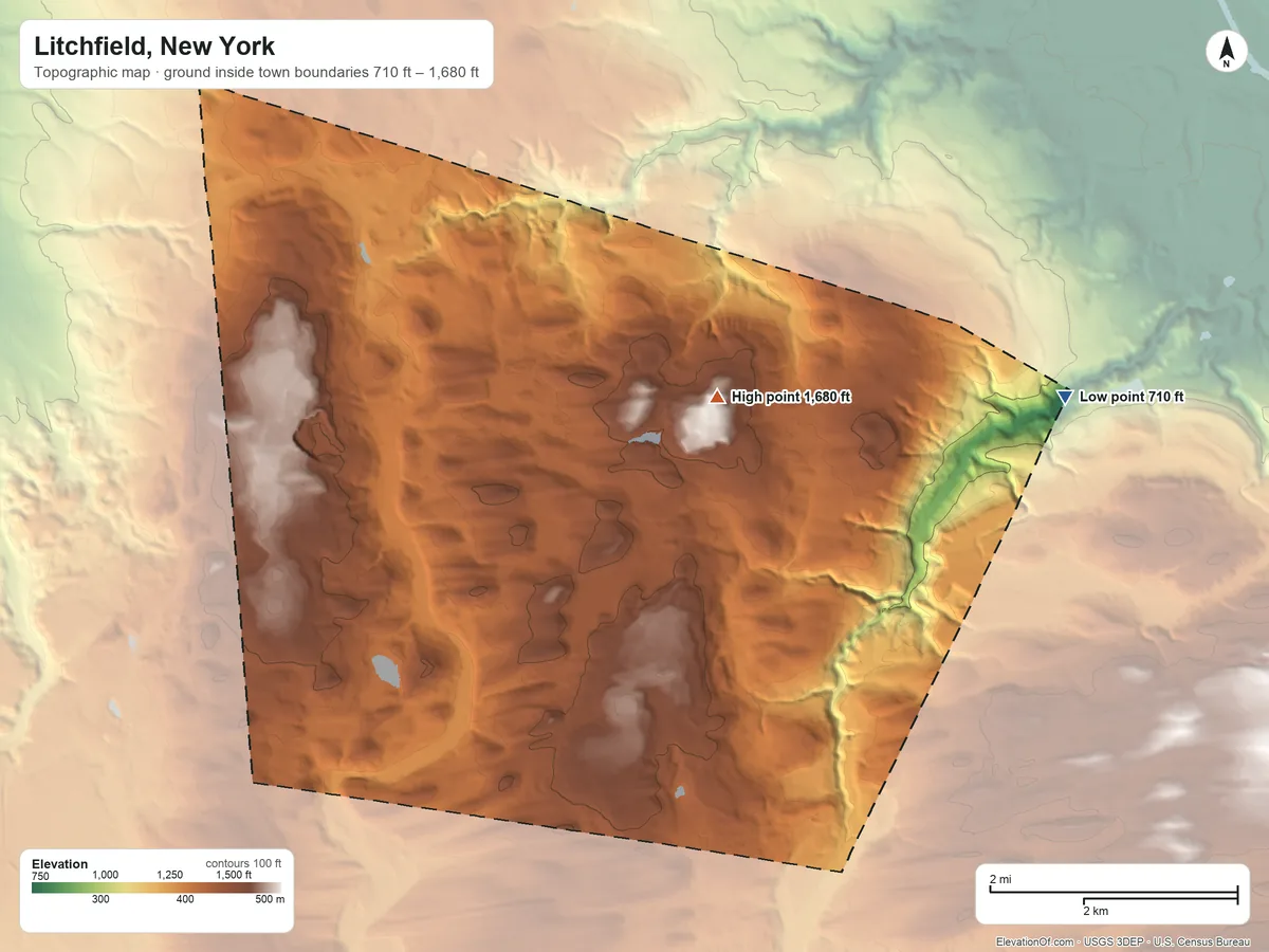 Topographic elevation map of Litchfield, New York, shaded from 710 ft on the east side to 1,680 ft on the northeast side