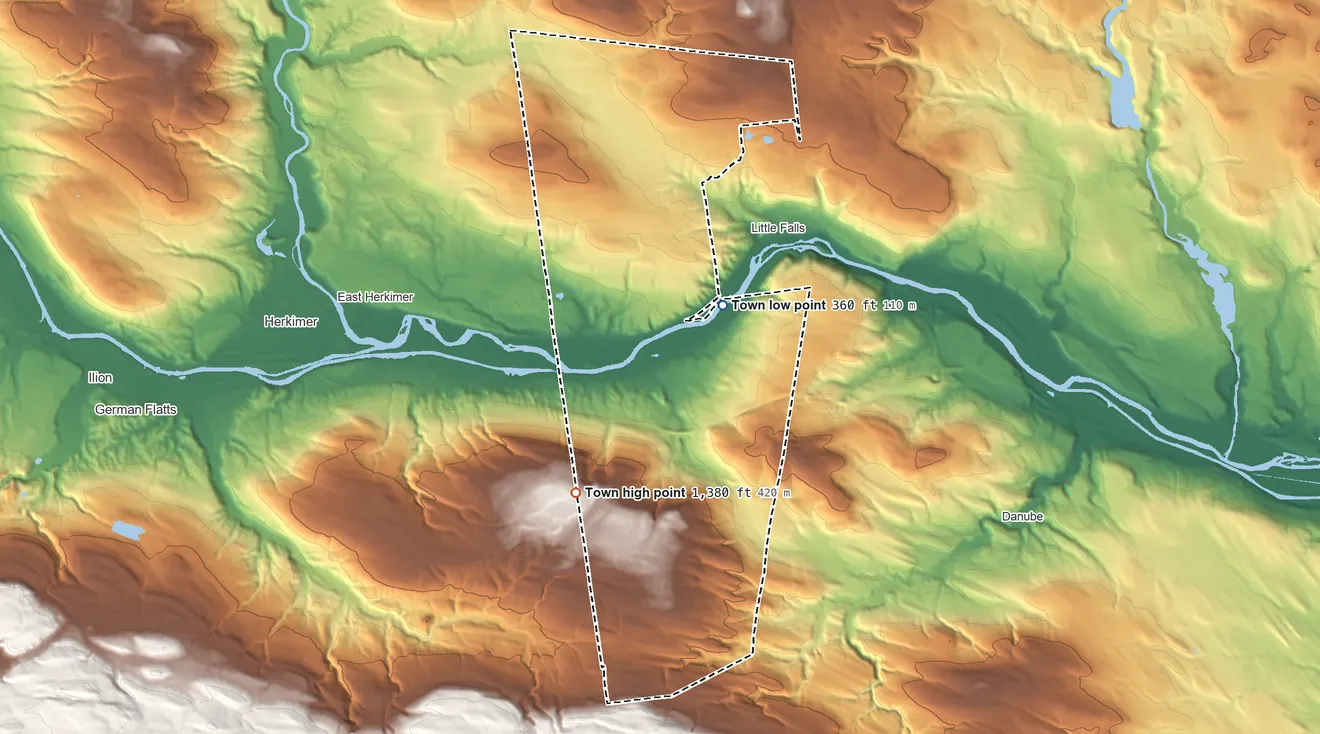 Topographic elevation map of Town of Little Falls, New York, shaded from 360 ft on the east side to 1,380 ft on the south side