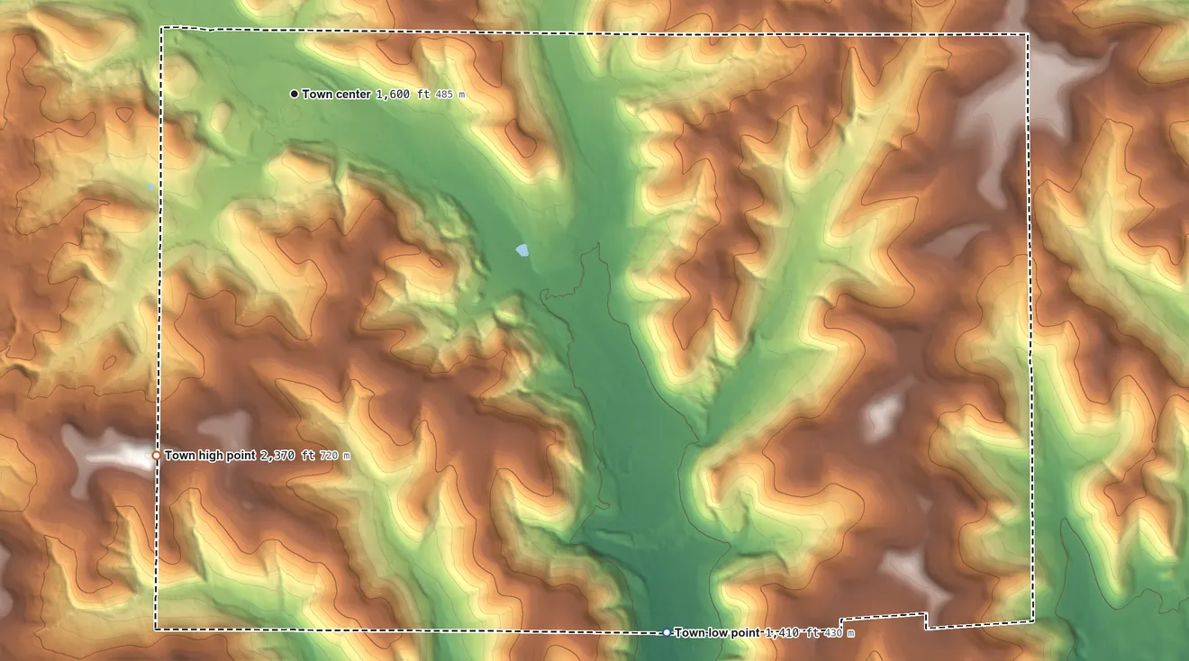 Topographic elevation map of Little Valley, New York, shaded from 1,410 ft on the southeast side to 2,370 ft on the south edge, below higher ground just outside
