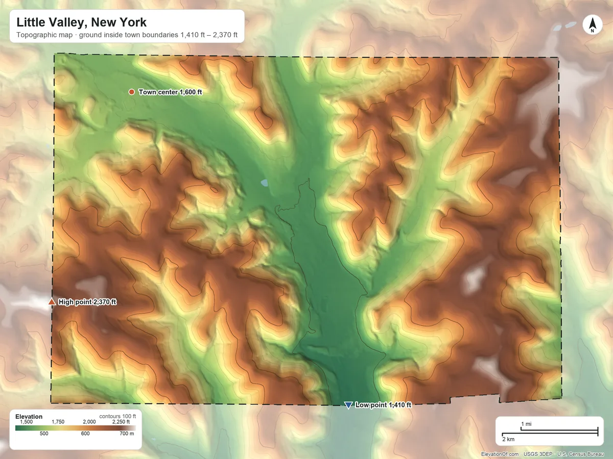 Topographic elevation map of Little Valley, New York, shaded from 1,410 ft on the southeast side to 2,370 ft on the south edge, below higher ground just outside