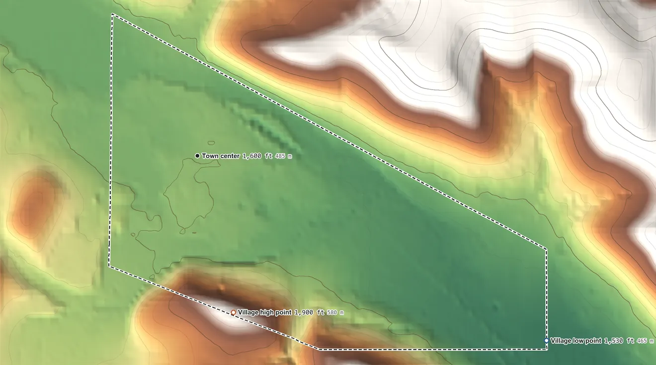 Topographic elevation map of Village of Little Valley, New York, shaded from 1,530 ft on the southeast side to 1,900 ft on the south side