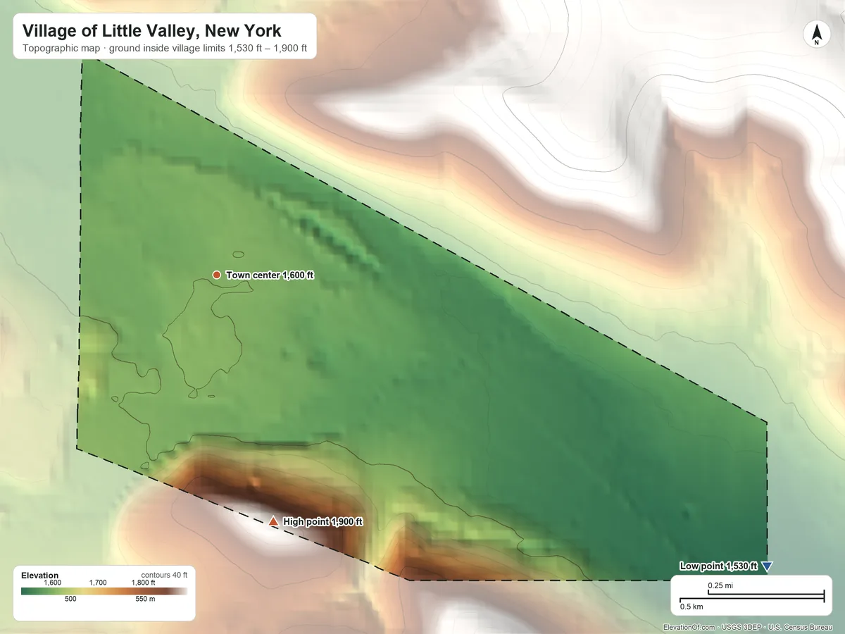Topographic elevation map of Village of Little Valley, New York, shaded from 1,530 ft on the southeast side to 1,900 ft on the south side