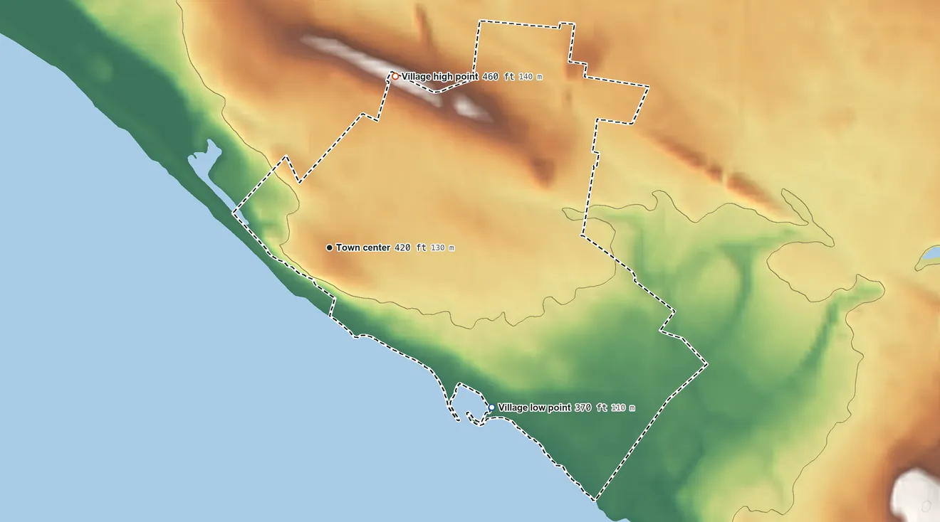 Topographic elevation map of Liverpool, New York, shaded from 370 ft on the southeast side to 460 ft on the north side
