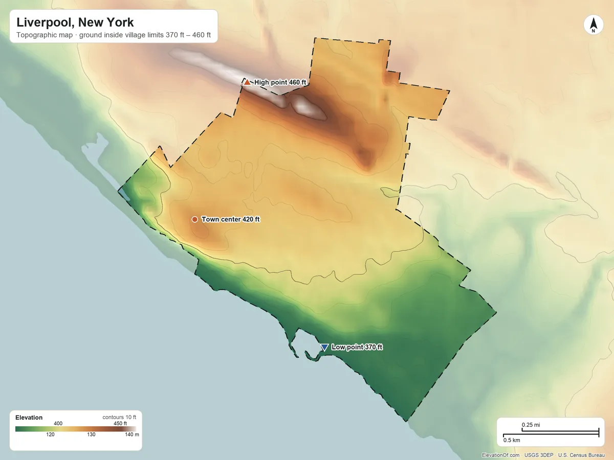 Topographic elevation map of Liverpool, New York, shaded from 370 ft on the southeast side to 460 ft on the north side