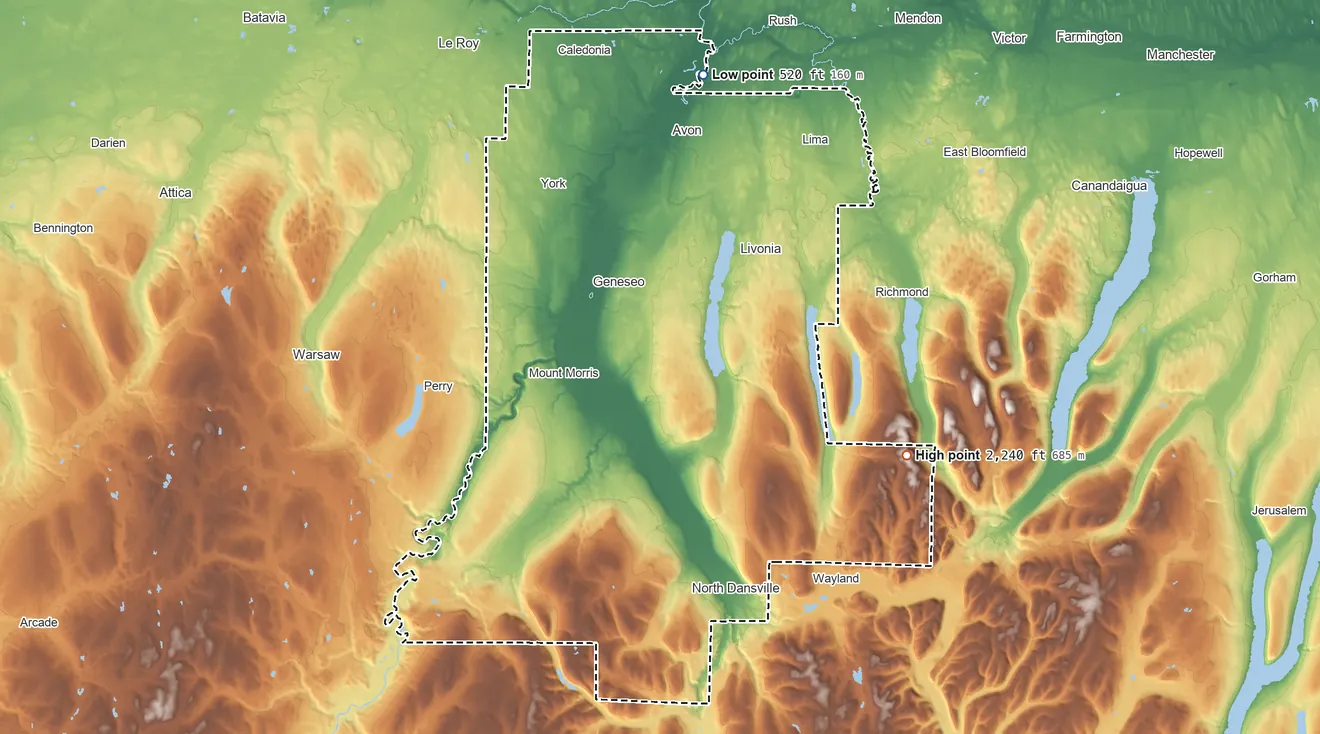 Topographic elevation map of Livingston County, New York, shaded from 520 ft on the north side to 2,240 ft on the east side