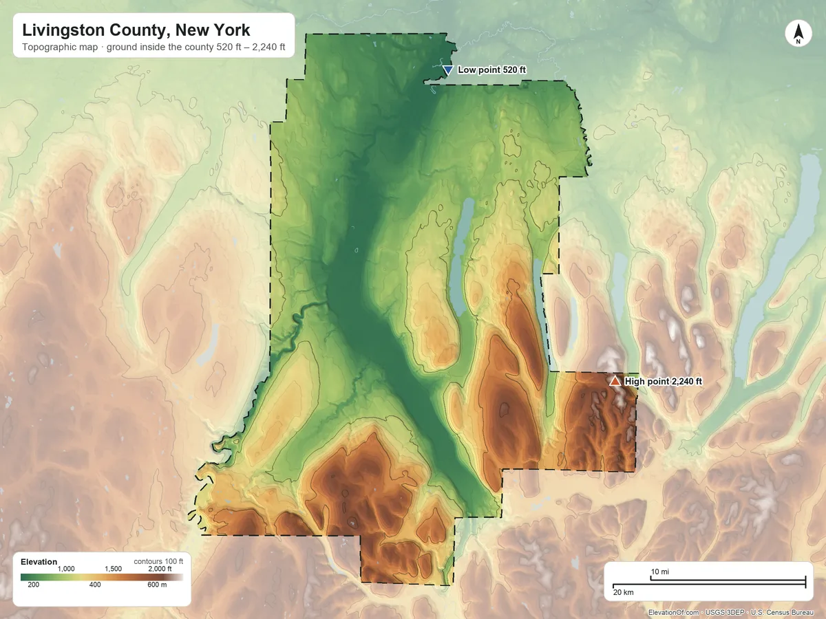 Topographic elevation map of Livingston County, New York, shaded from 520 ft on the north side to 2,240 ft on the east side