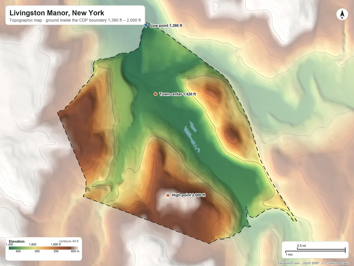 Topographic elevation map of Livingston Manor, New York, shaded from 1,390 ft on the north side to 2,000 ft on the south side