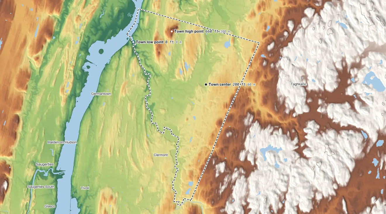 Topographic elevation map of Livingston, New York, shaded from 0 ft on the northwest side to 660 ft on Blue Hill
