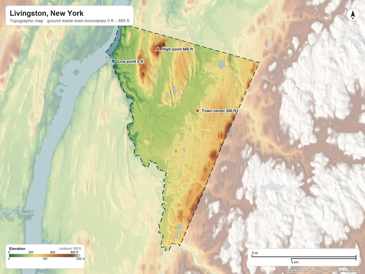 Topographic elevation map of Livingston, New York, shaded from 0 ft on the northwest side to 660 ft on Blue Hill