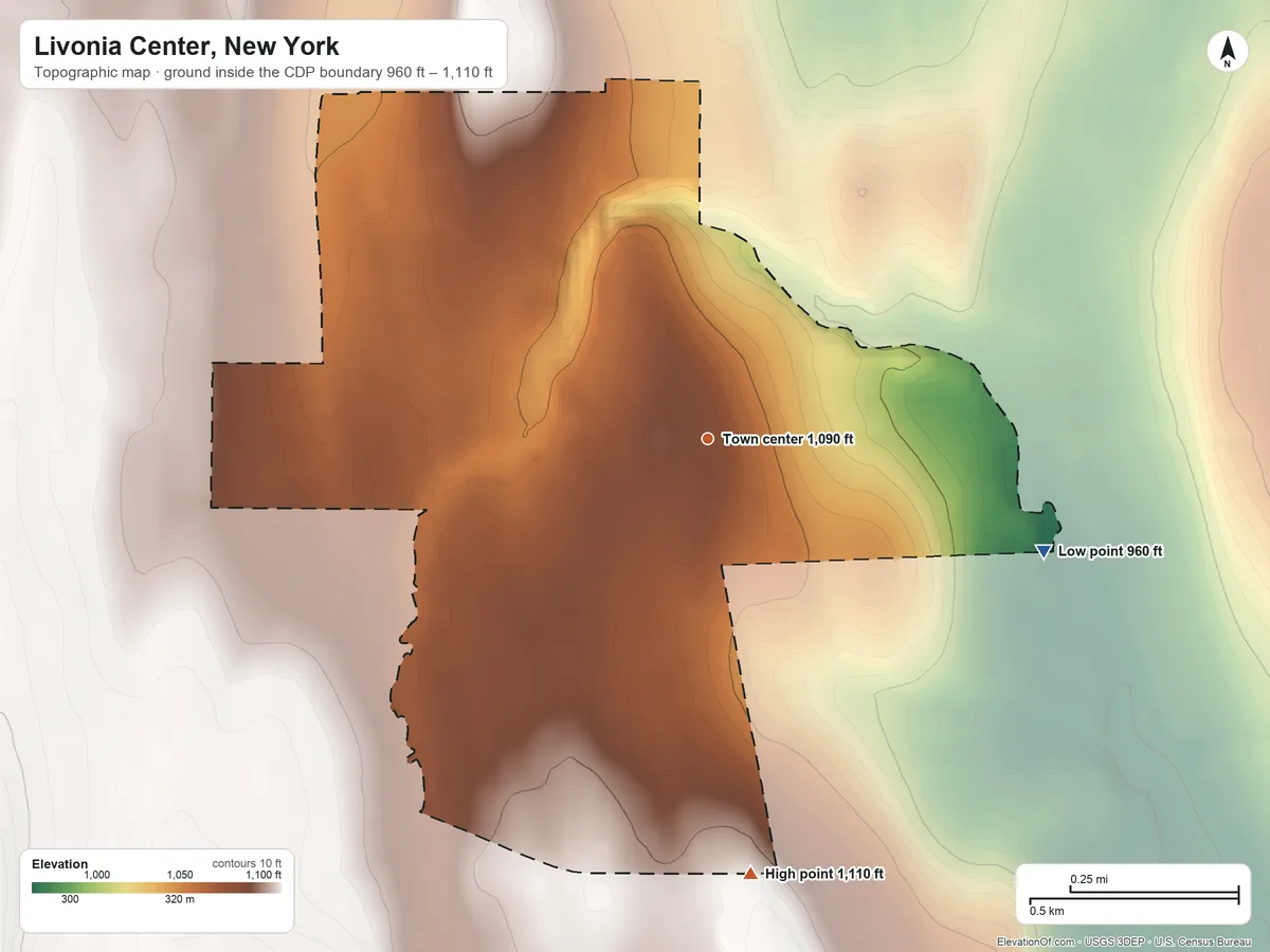 Topographic elevation map of Livonia Center, New York, shaded from 960 ft on the east side to 1,110 ft on the south side