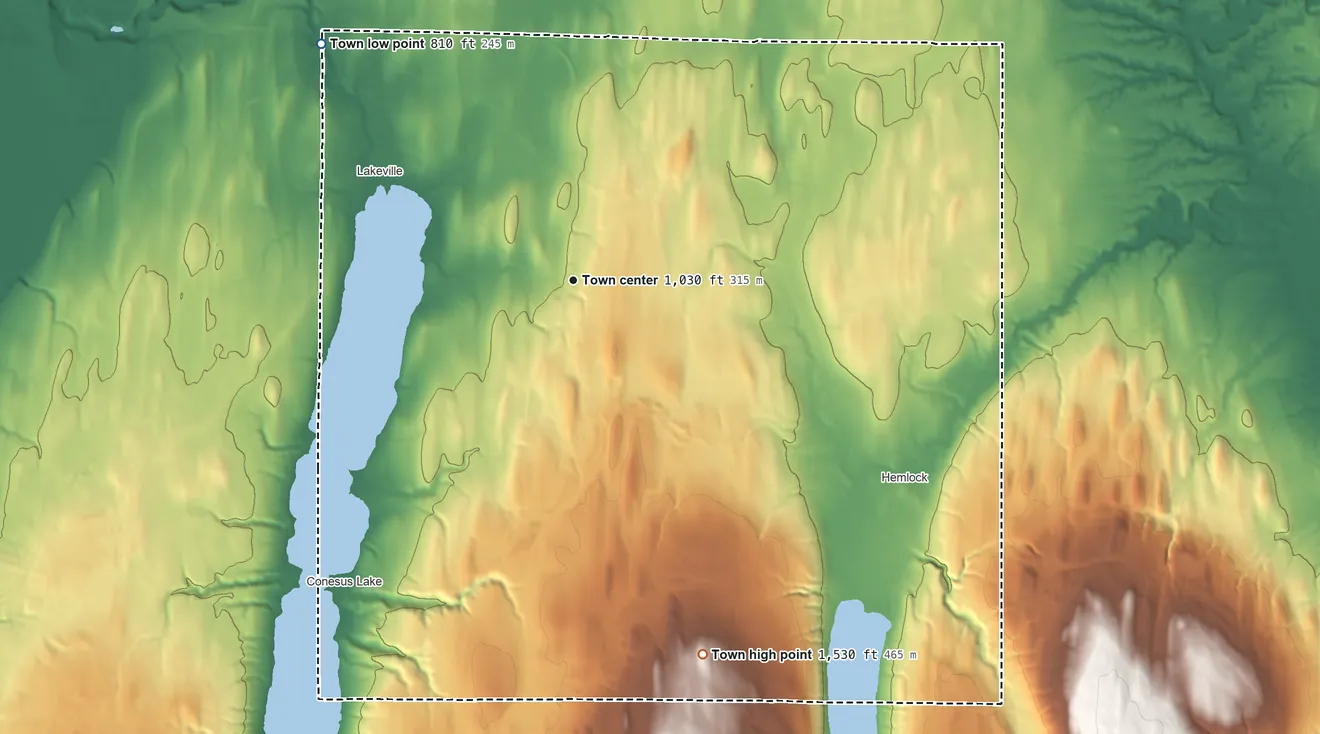 Topographic elevation map of Livonia, New York, shaded from 810 ft on the northwest side to 1,530 ft on the south side