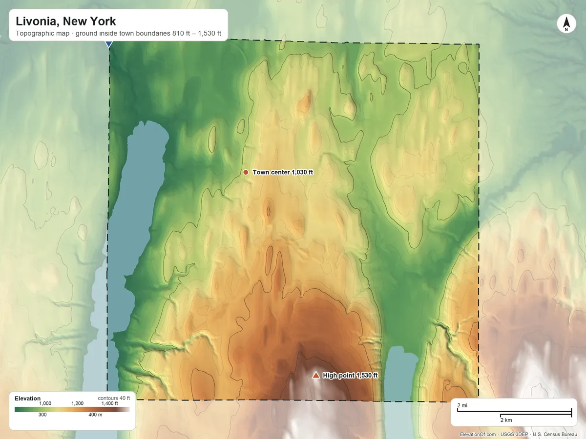 Topographic elevation map of Livonia, New York, shaded from 810 ft on the northwest side to 1,530 ft on the south side