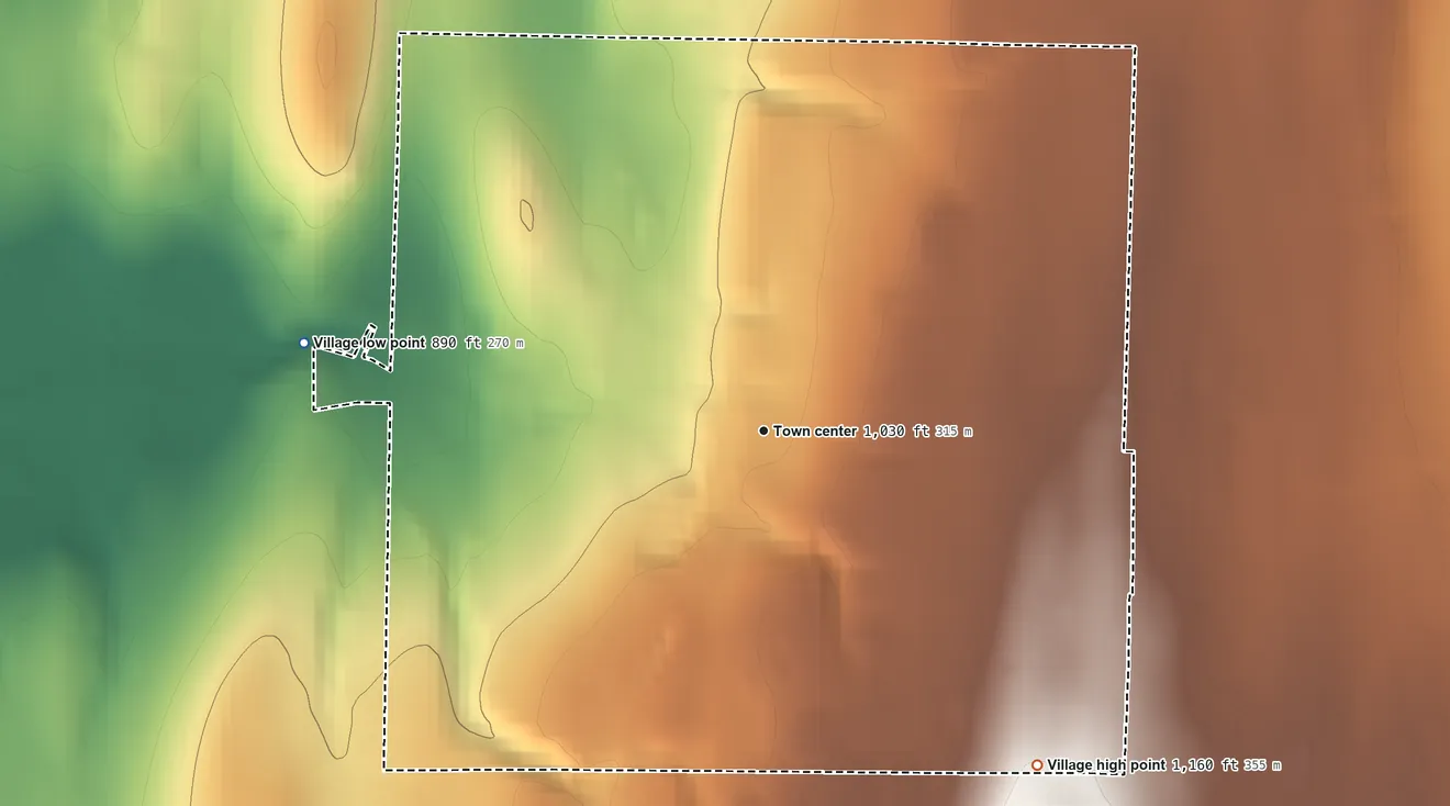 Topographic elevation map of Village of Livonia, New York, shaded from 890 ft on the west side to 1,160 ft on the southeast side