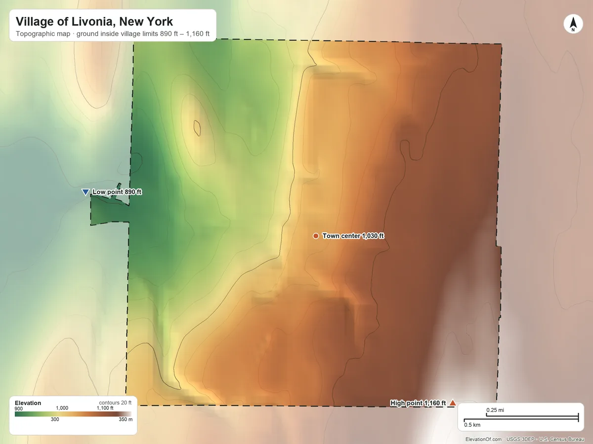 Topographic elevation map of Village of Livonia, New York, shaded from 890 ft on the west side to 1,160 ft on the southeast side