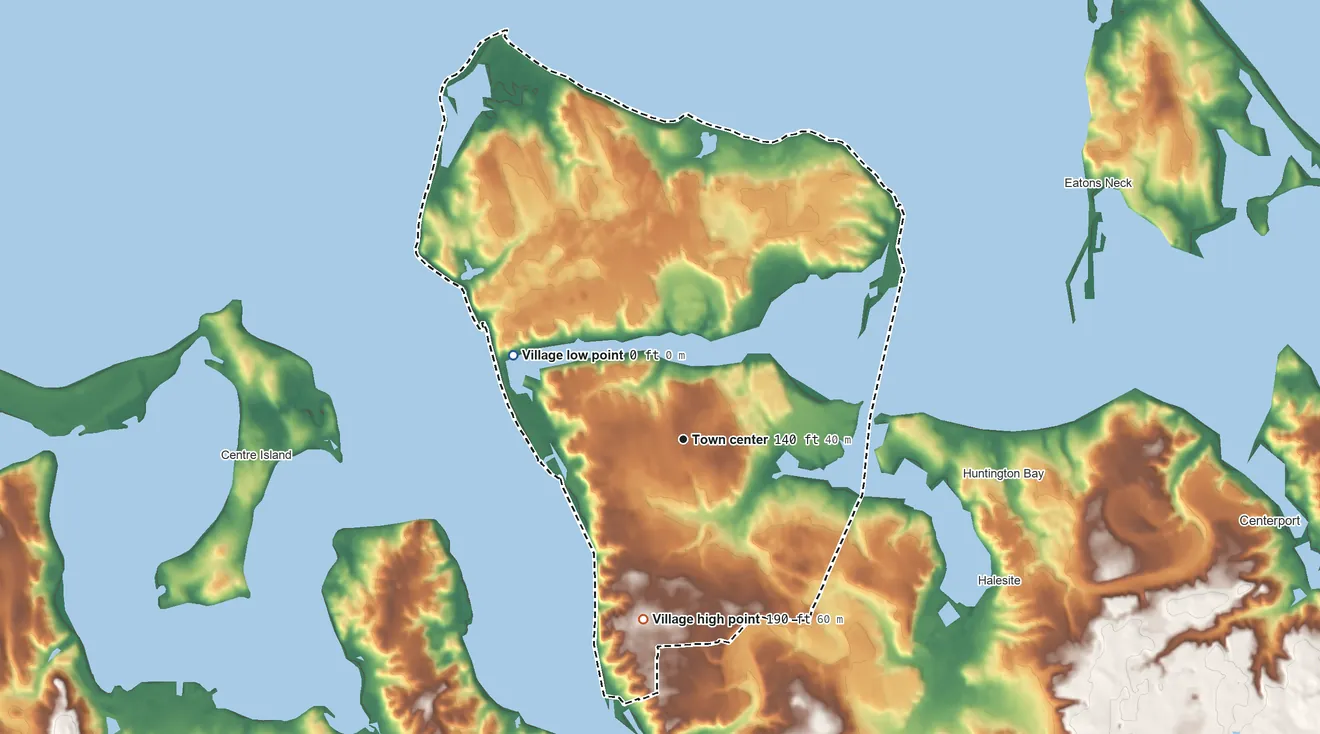 Topographic elevation map of Lloyd Harbor, New York, shaded from sea level level on Lloyd Harbor to 190 ft on the south side